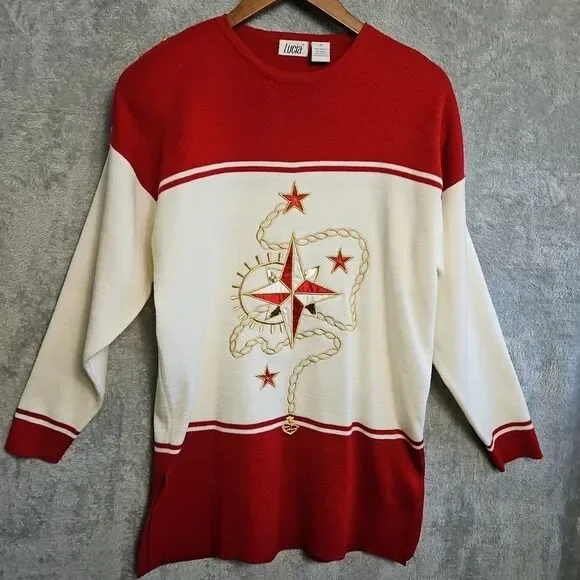 Lucia Women's Sz Med Red White Tunic Sweater Nautical embroidery embellished - Picture 1 of 12